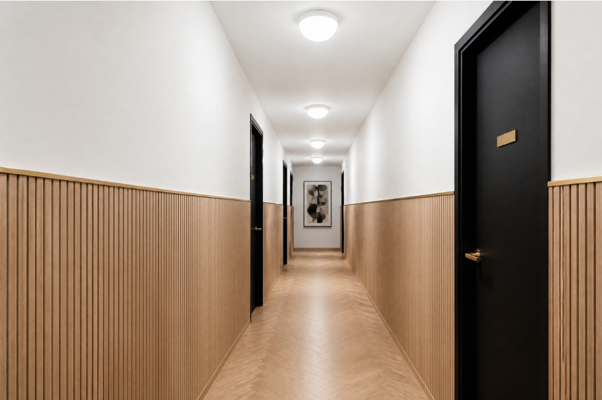 Renovated corridor rendering — slat paneling and dark doors
